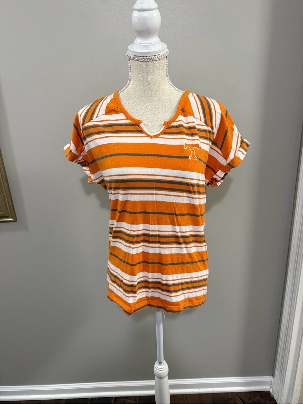 Women's Striped Orange V-Neck Short Sleeve Tee University of Tennessee Logo